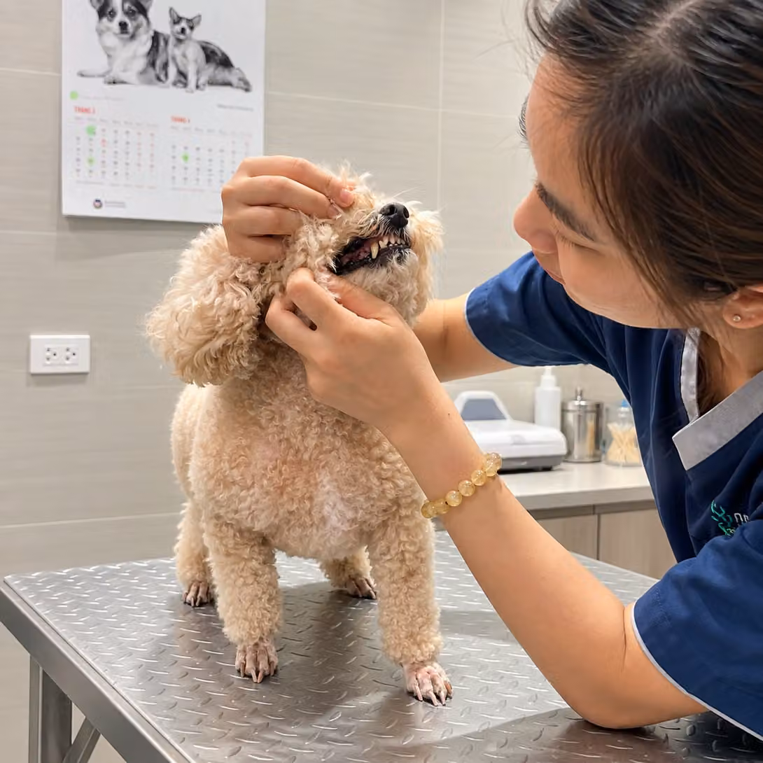 A team member checking a poodle’s teeth on the examination table