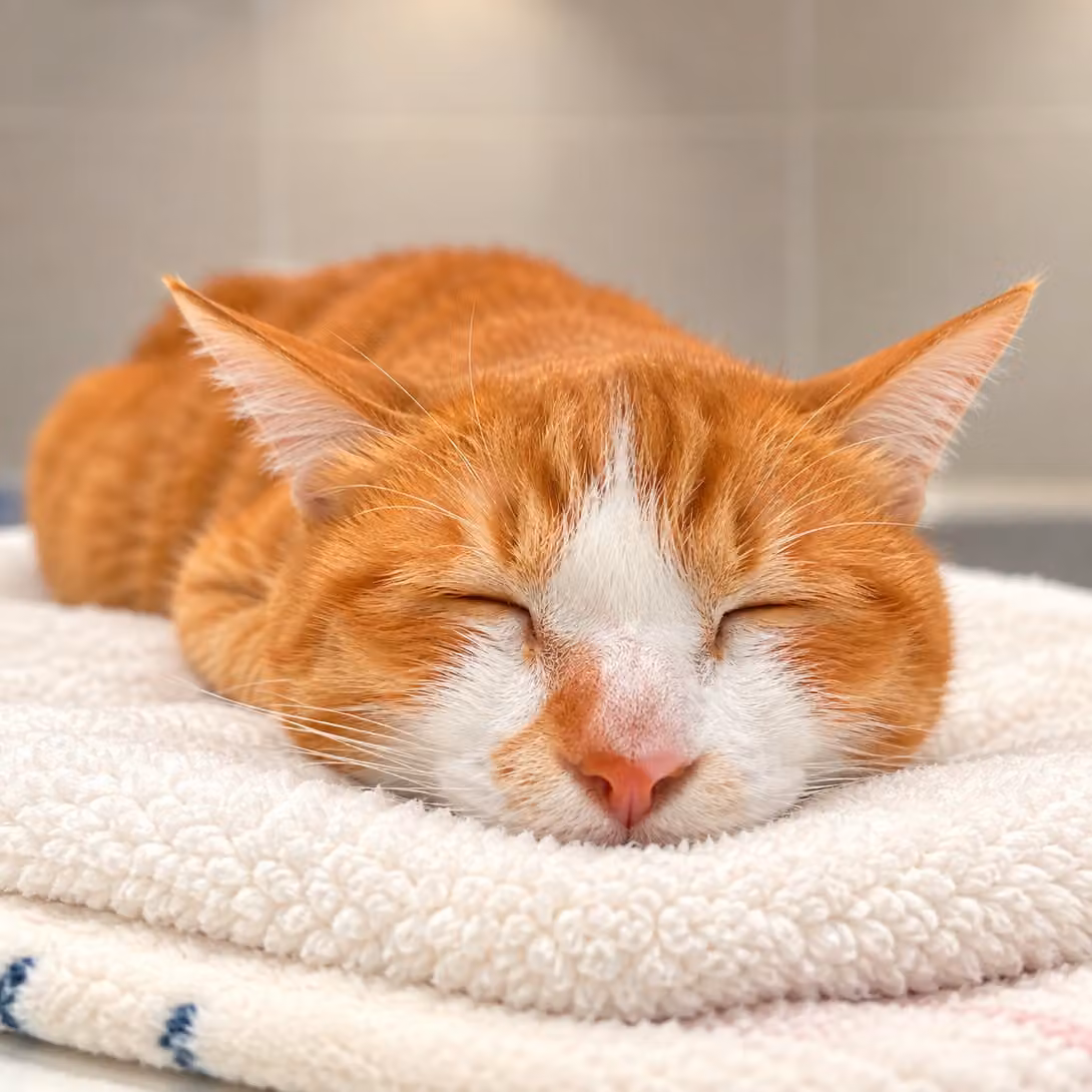 A ginger-and-white cat asleep on a soft towel