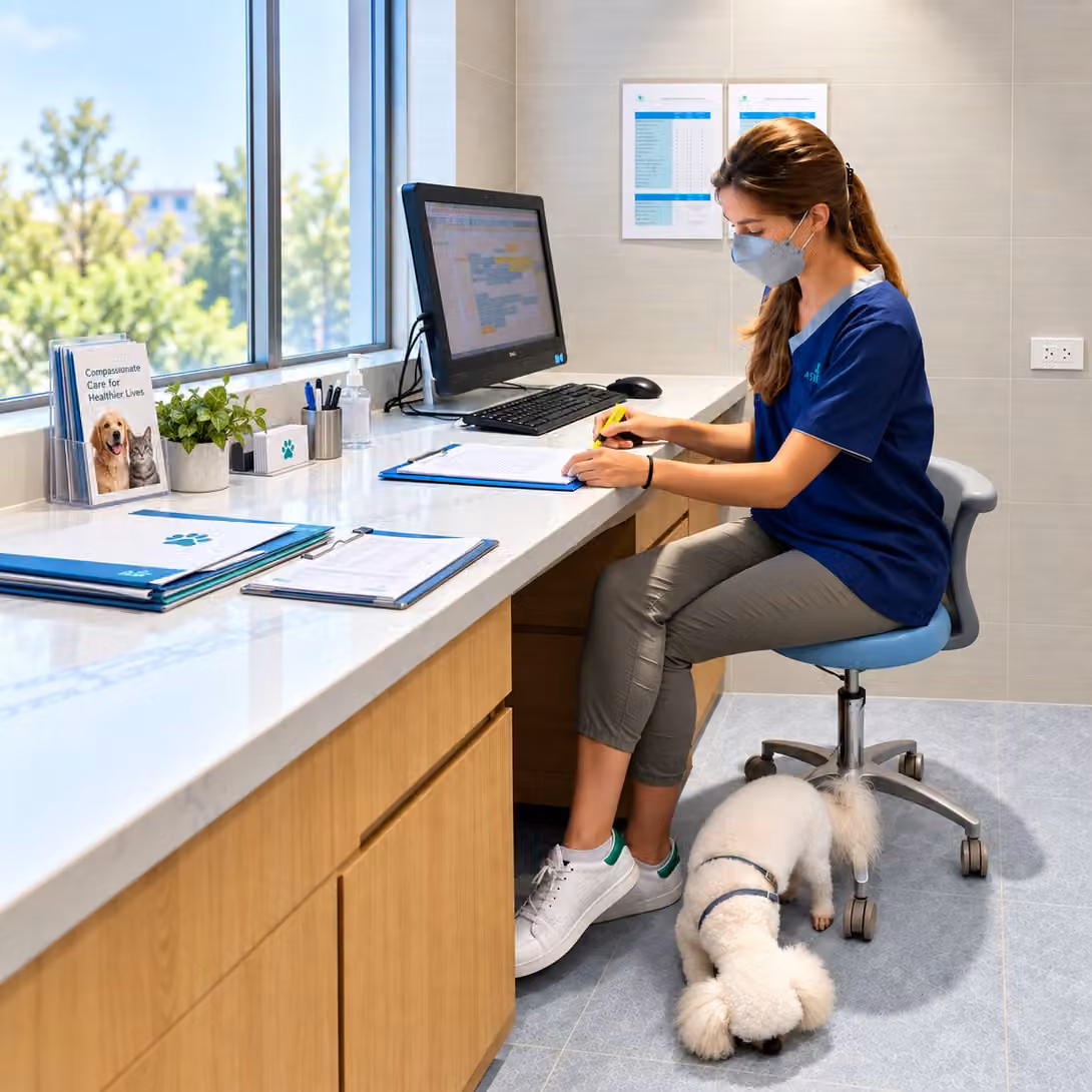 A veterinarian writing up notes at a bright desk, a poodle at her feet